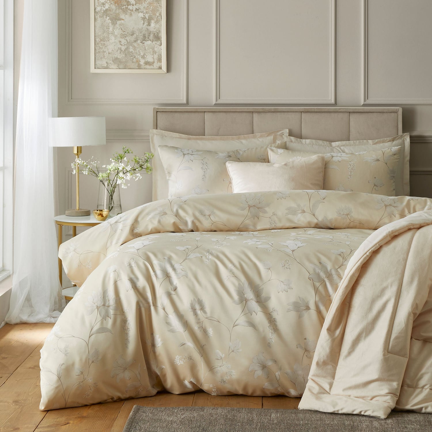 Lilly Floral Jacquard Champagne Duvet Cover Set - Lilly Floral Jacquard Duvet Cover Set In Champagne 4