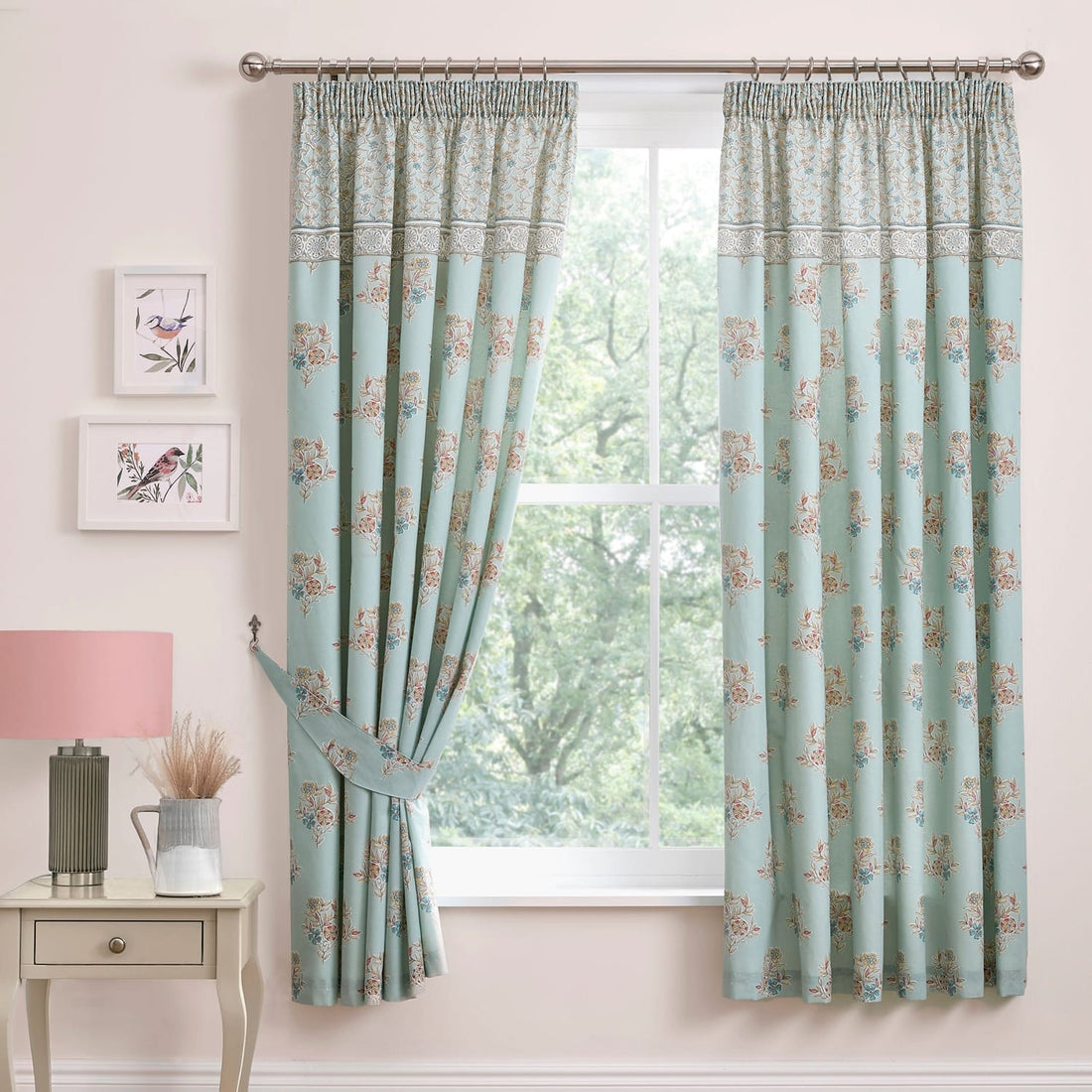 Lorena Patchwork Floral Duck Egg Pencil Pleat Curtains