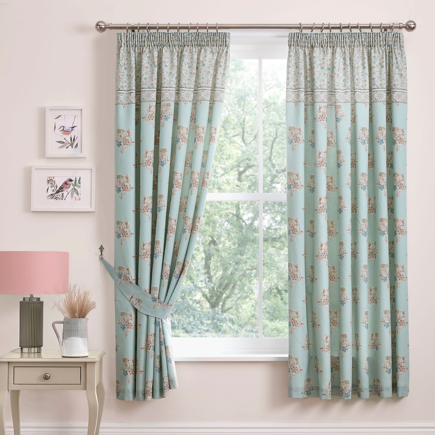 Lorena Patchwork Floral Duck Egg Pencil Pleat Curtains Light Filtering Printed