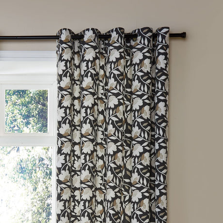 Luna Floral Cotton Eyelet Curtains - Black Light Filtering - Luna Eyelet Curtains In Black 2