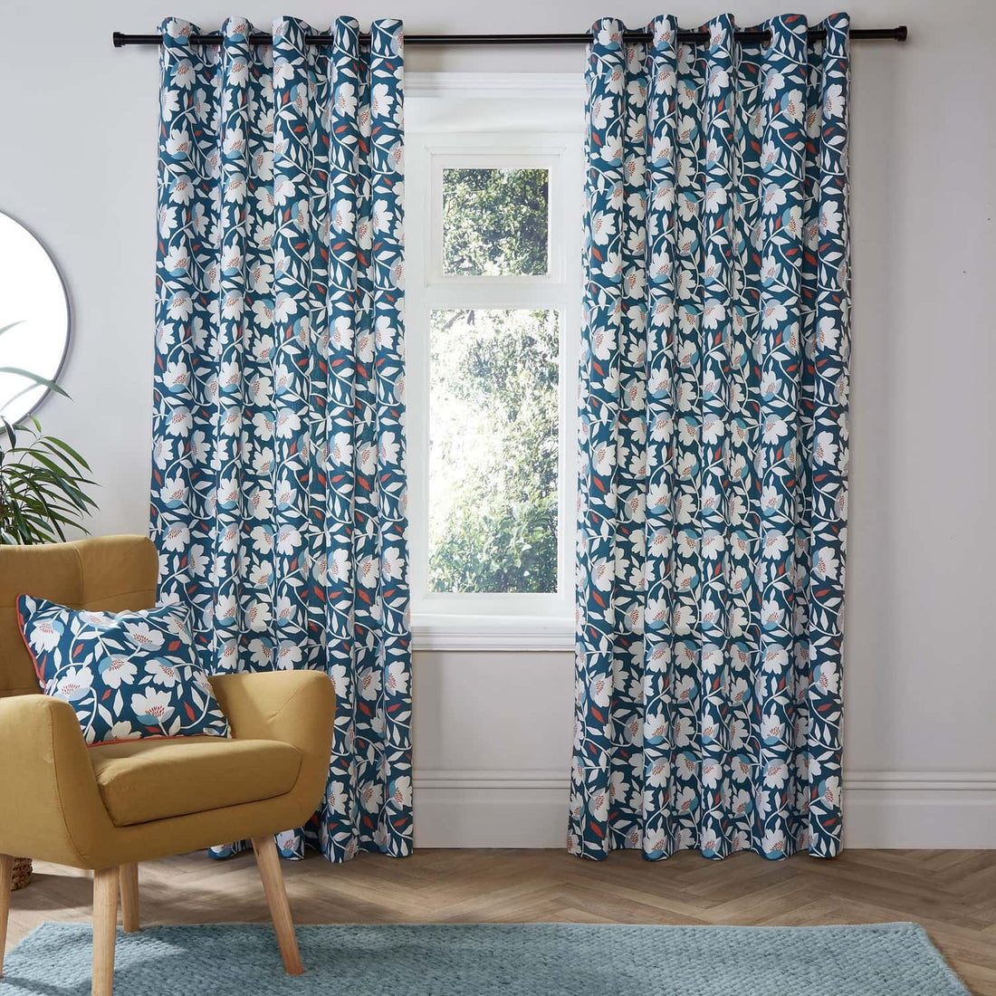 Luna Floral Teal 100% Cotton Eyelet Curtains