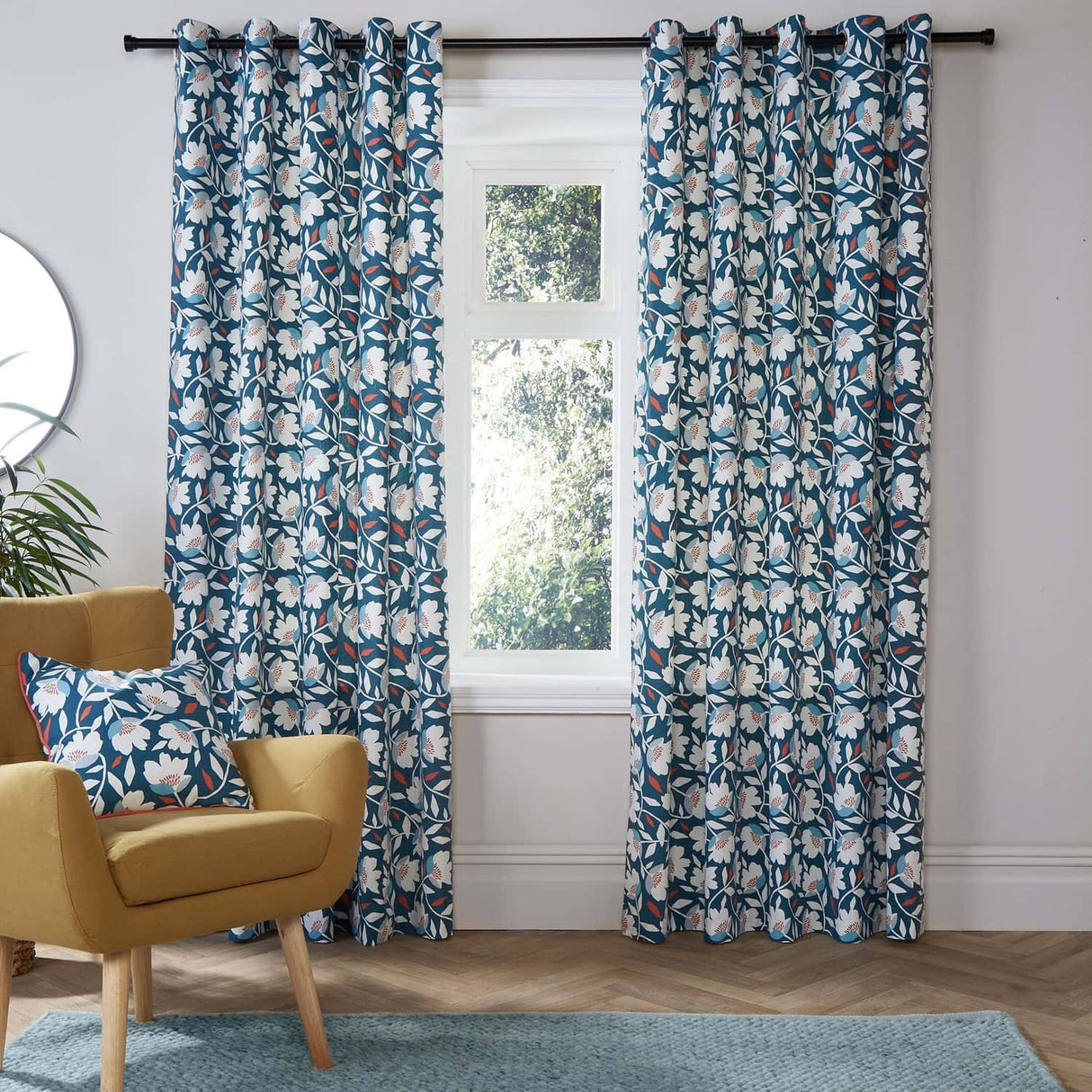 Luna Floral Cotton Eyelet Curtains - Teal Light Filtering