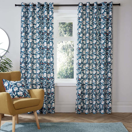 Luna Floral Cotton Eyelet Curtains - Teal Light Filtering