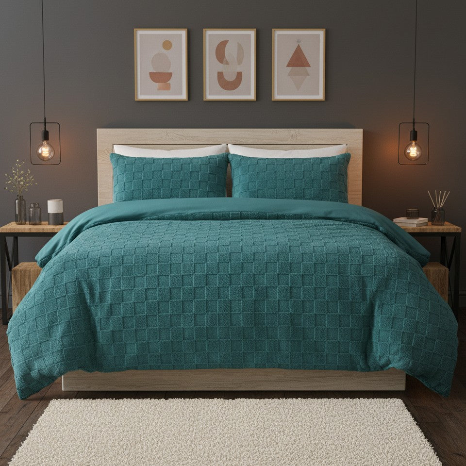 Check Teddy Fleece Duvet Cover Set - Duck Egg
