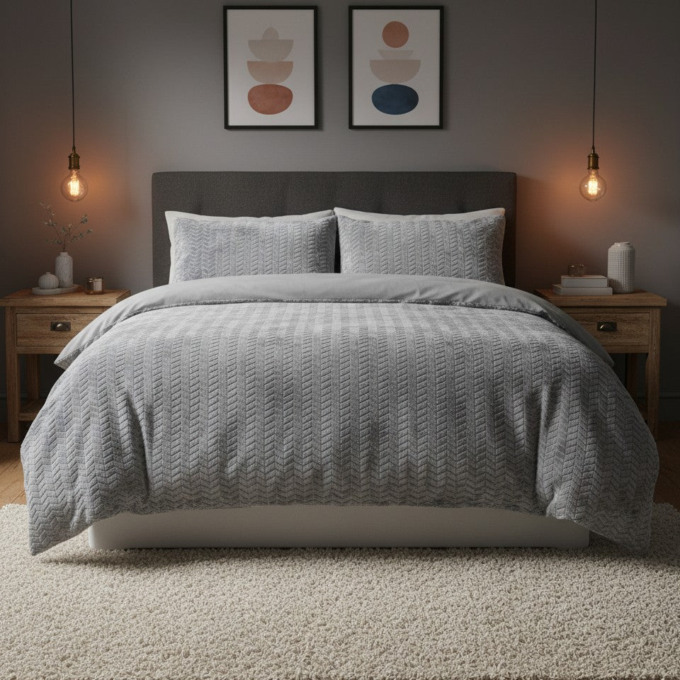 Chevron Teddy Fleece Duvet Cover Set - Silver Grey
