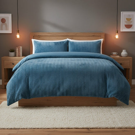 Chevron Teddy Fleece Duvet Cover Set - Steel Blue