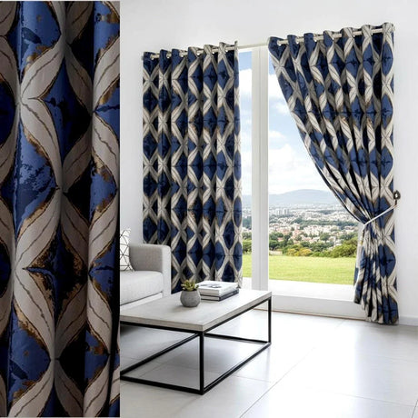 Alan Symonds Matrix Eyelet Ring Top Curtains Pair in Blue / Gold