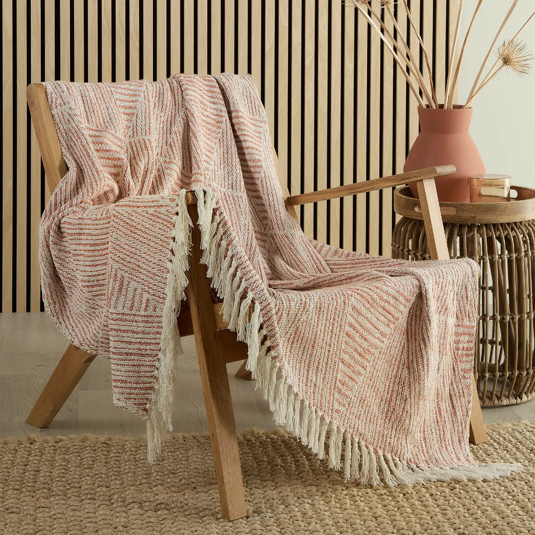 Myan 100% Cotton Woven Tasselled Throw – Terracotta – 130cm x 180cm