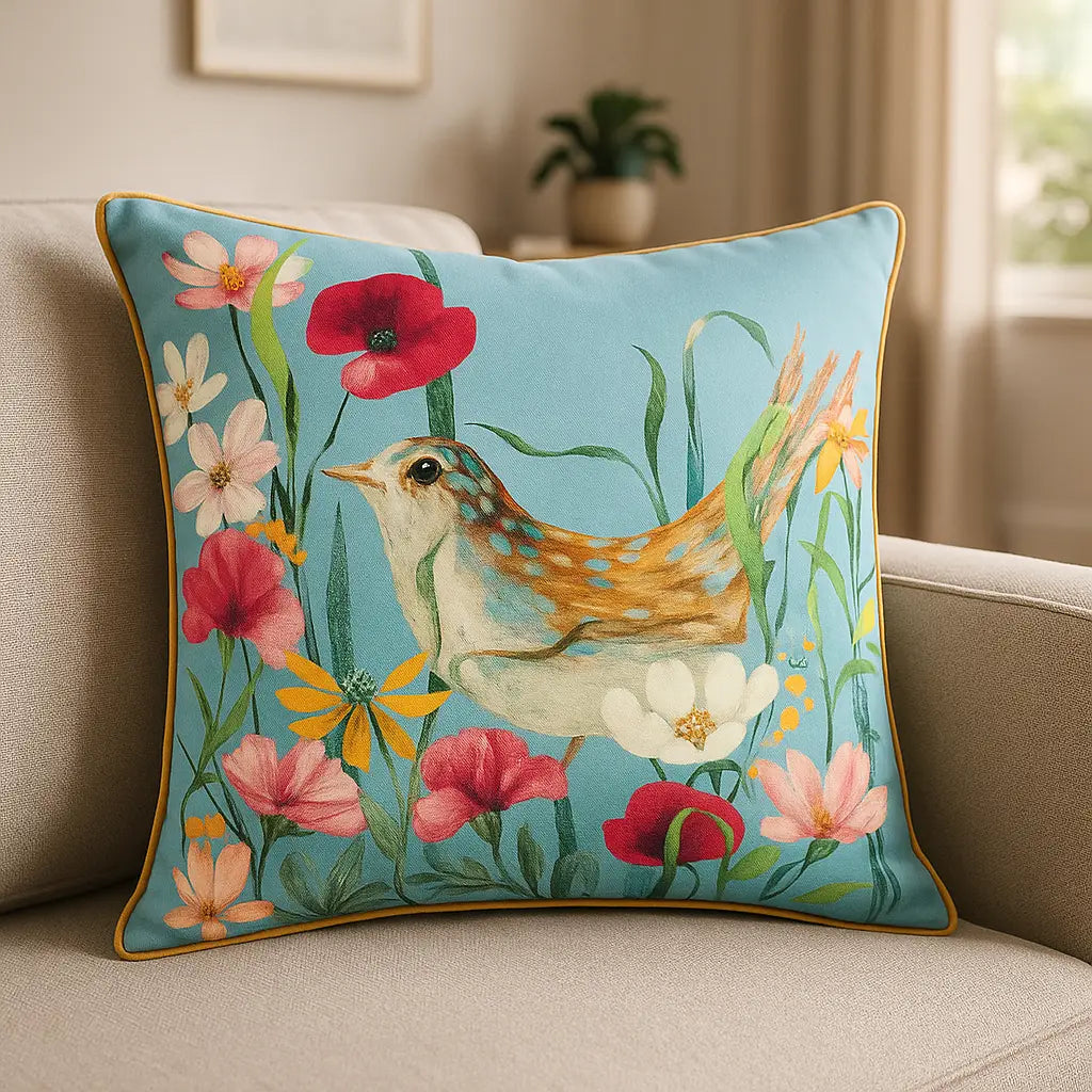 Marais Bird Meadow Velvet Multicolour Cushion Cover or Filled Cushion 45cm x 45cm