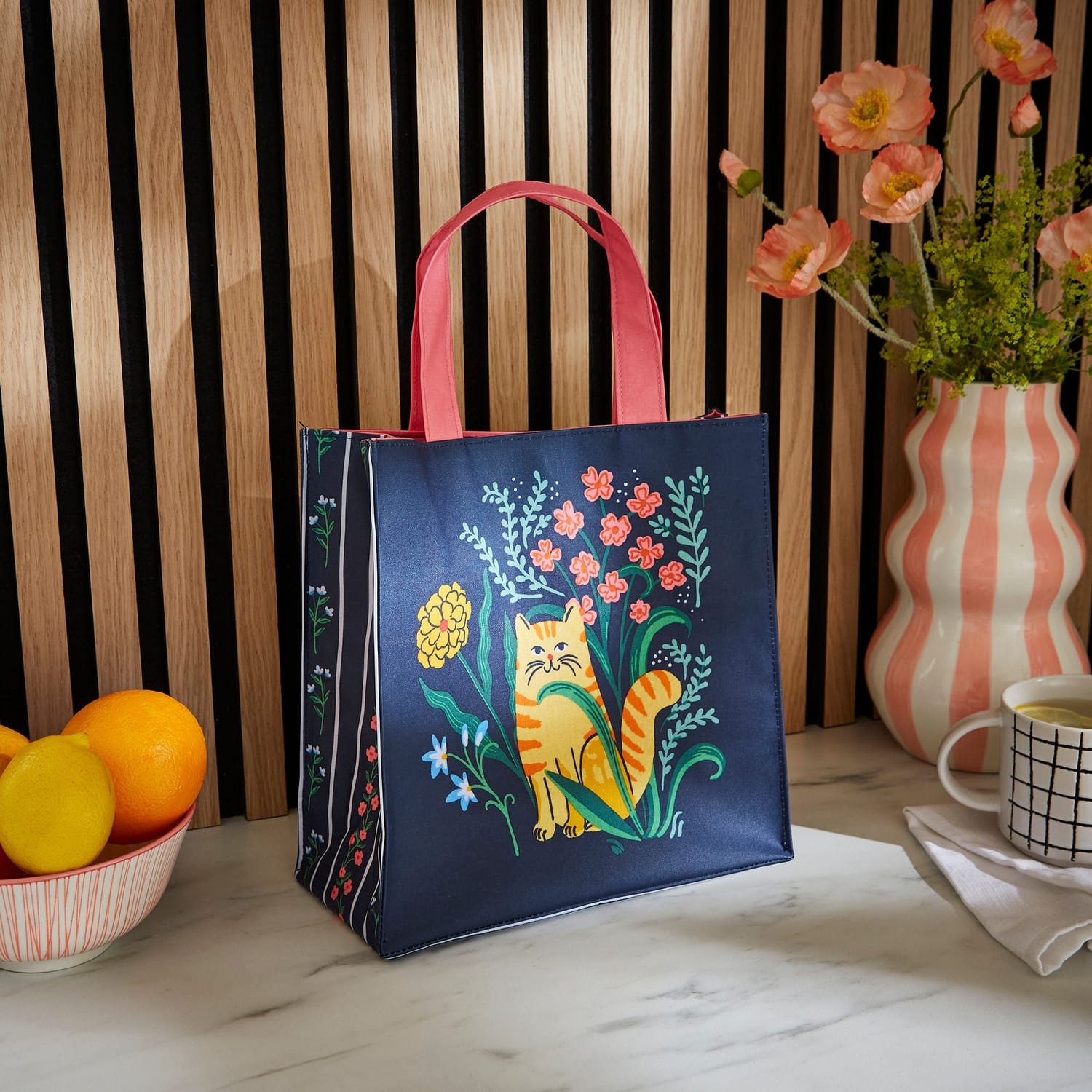 Ulster Weavers Marmalade Meadow Floral Cat Foldable Tote Bag - Marmalade Meadow Pvc Bag Small In Navy 2