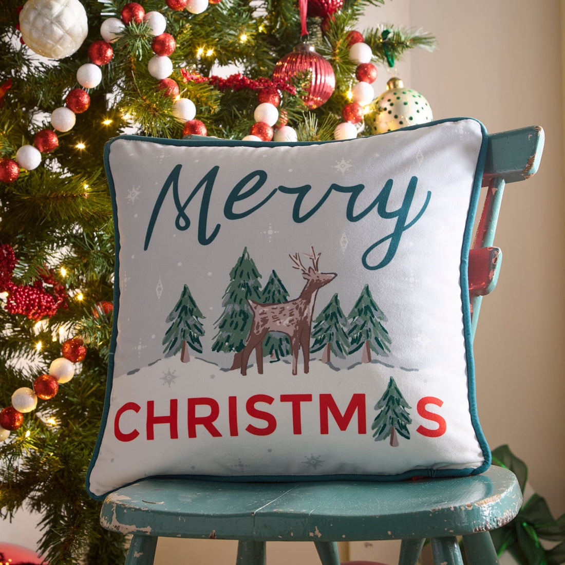 Merry Christmas Deer Festive Velvet Green Cushion Cover 43cm x 43cm