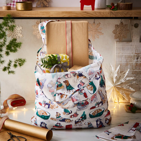 Ulster Weavers Merry Mutts Christmas Dog Print Foldaway Shopping Bag - Merry Mutts Foldable Tote Bag Medium In Natural 2