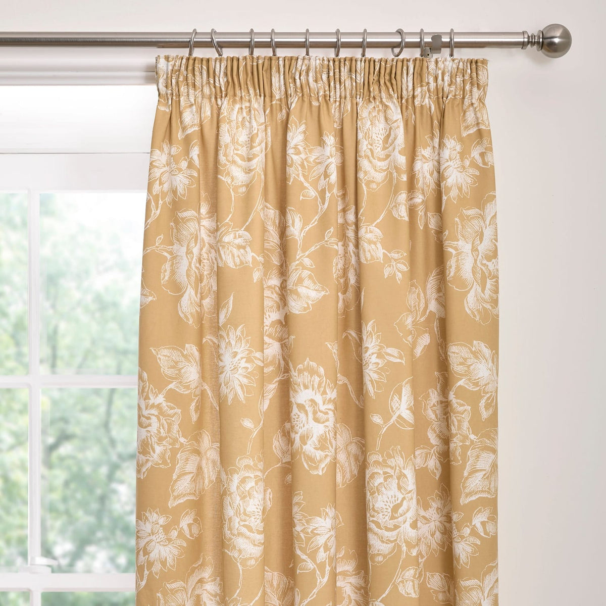 Mishka Floral Gold Pencil Pleat Curtains Light Filtering Polycotton - Mishka Pencil Pleat Curtains In Gold 2