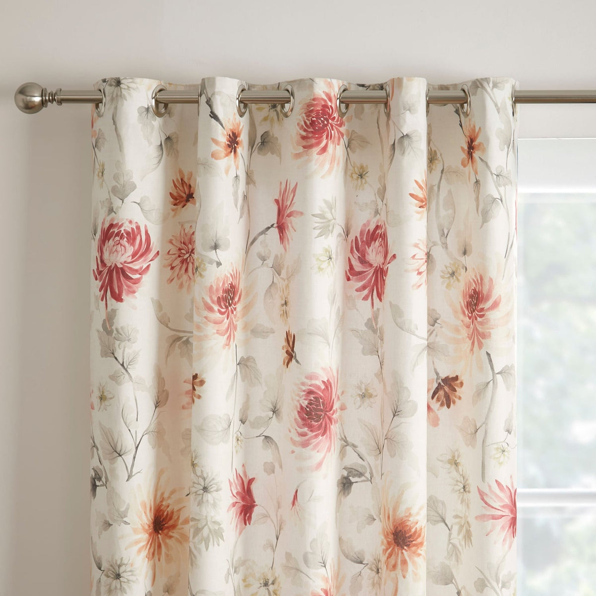 Nadia Floral Beige Eyelet Curtains Light Filtering - Nadia Eyelet Curtains In Red 2