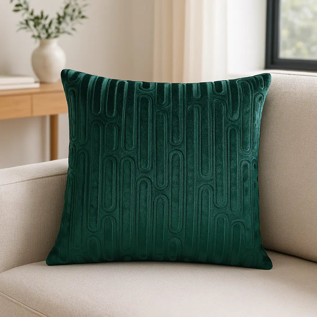 Oboe Geometric Velvet Green Cushion Cover 45cm x 45cm ( 45cm x 45cm )