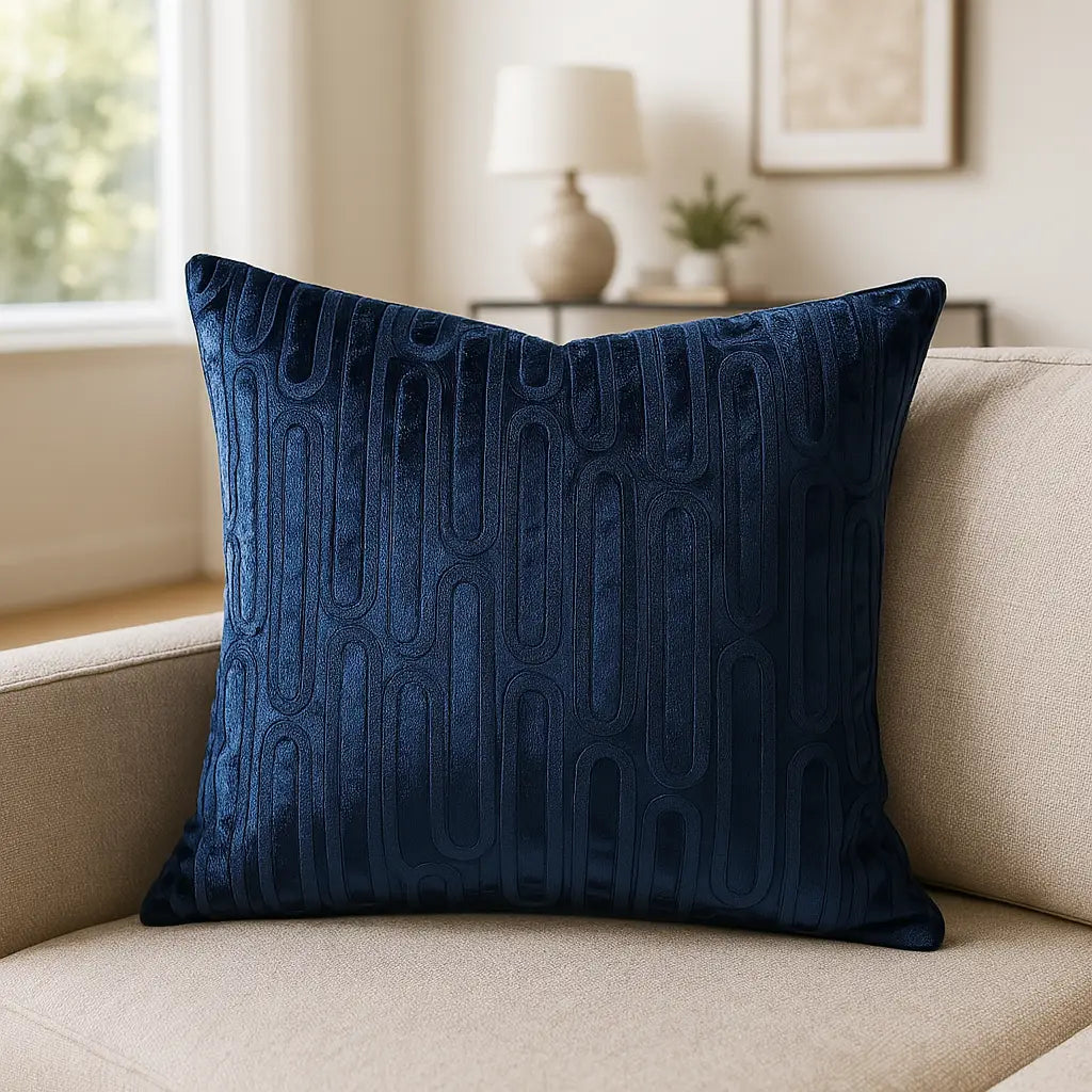 Oboe Geometric Velvet Navy Cushion Cover 45cm x 45cm ( 45cm x 45cm )