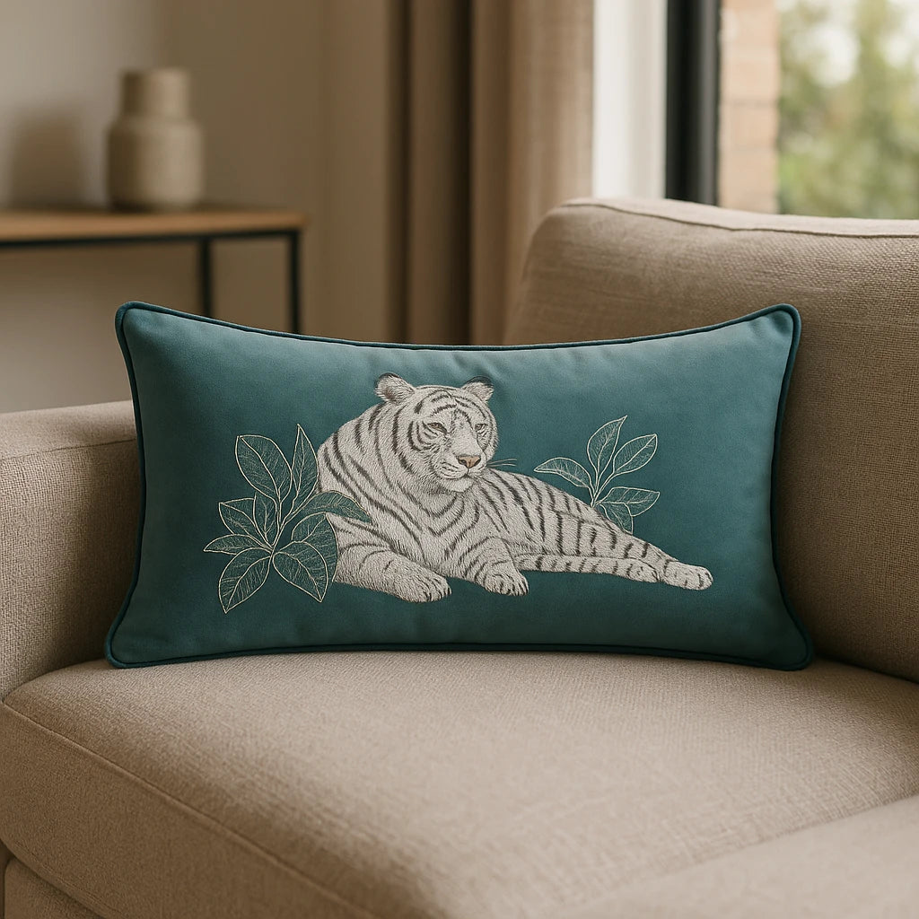 Odisha White Tiger Velvet Blue Cushion Cover or Filled Cushion 30cm x 50cm