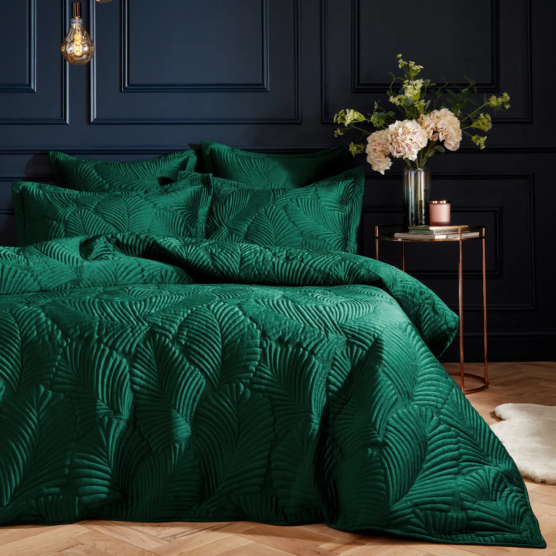 Palmeria Quilted Emerald 100% Cotton Duvet Cover Bedding Set