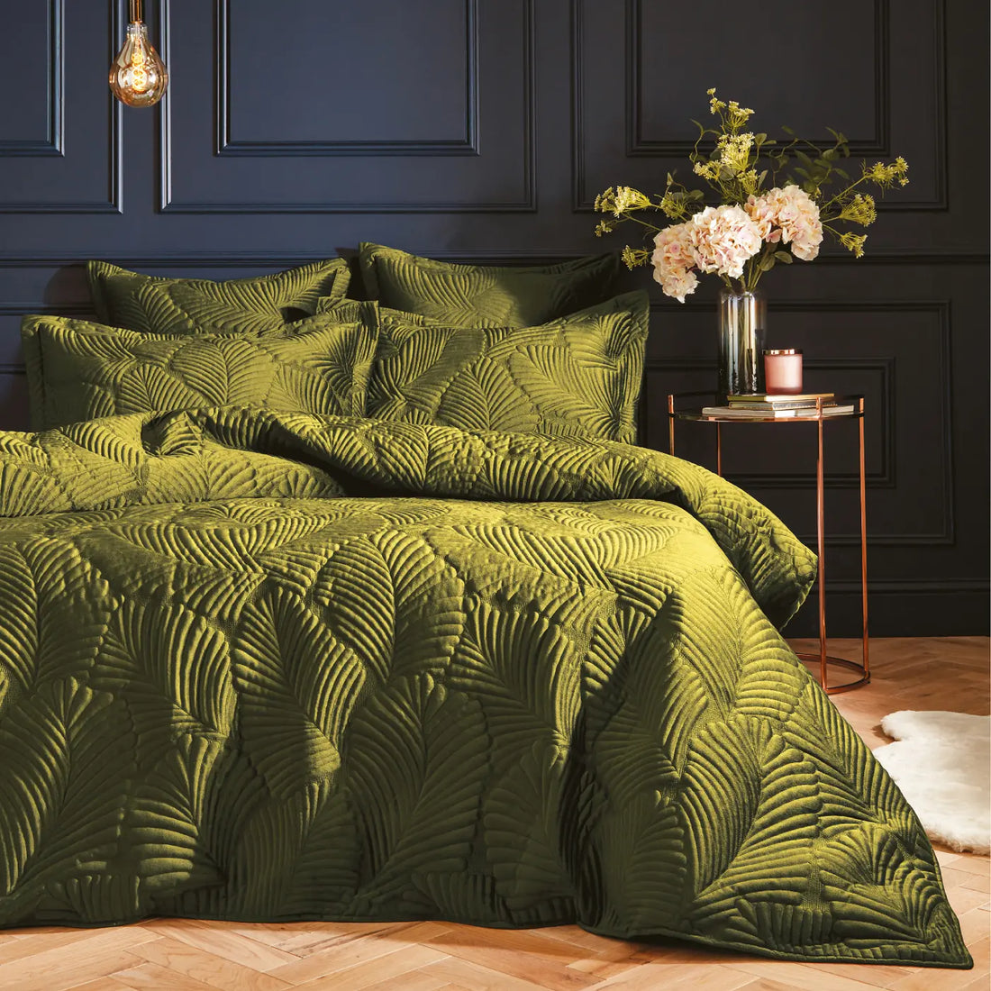 Palmeria Quilted Moss 100% Cotton Duvet Cover Bedding Set