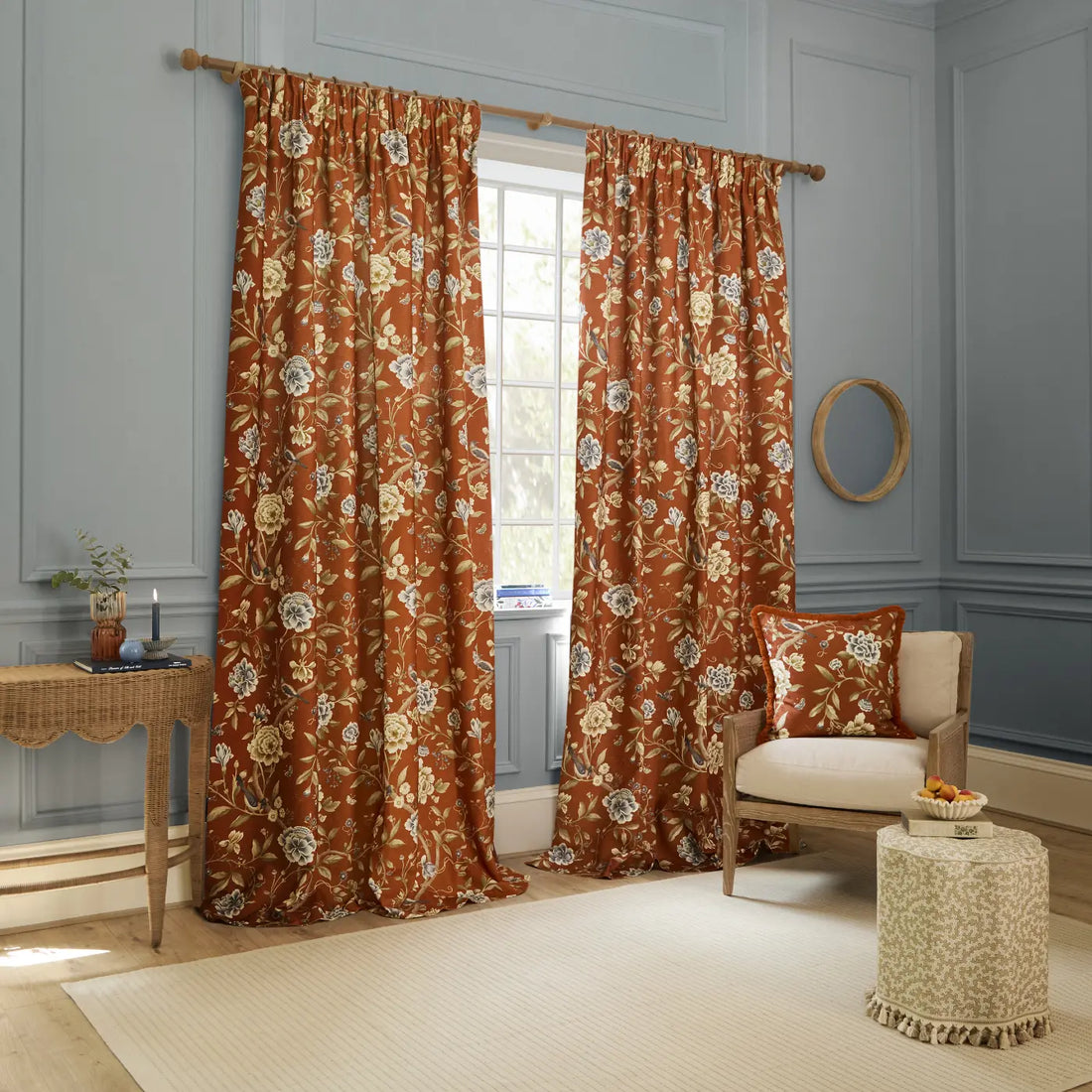 Porcelain Garden Rust Thermal Dimout Pencil Pleat Curtains
