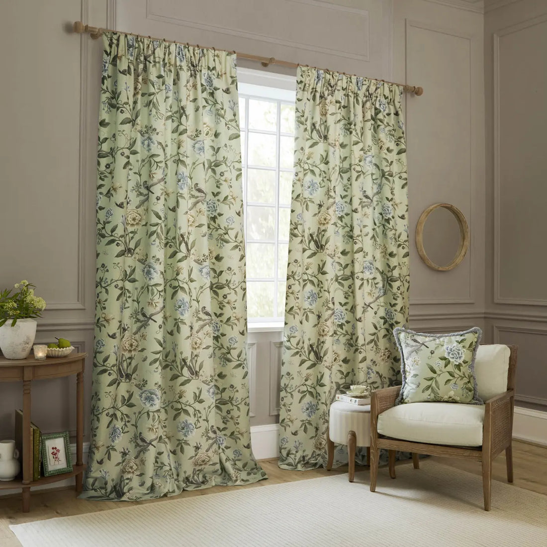 Porcelain Garden Sage Thermal Dimout Pencil Pleat Curtains