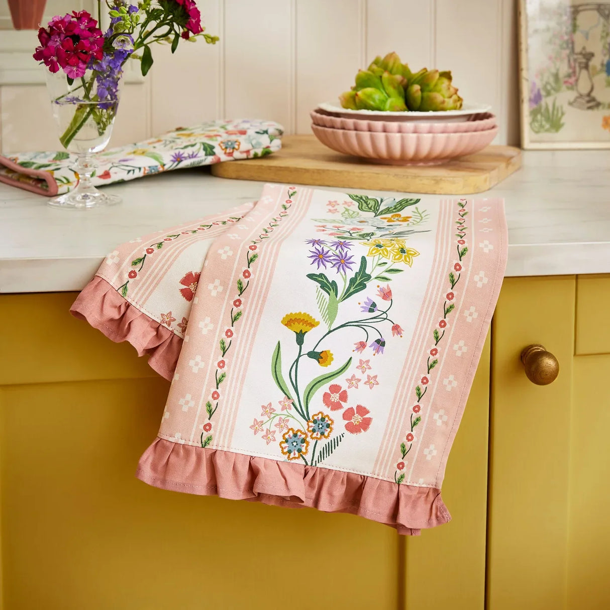 Petals & Prose Cotton Tea Towel in Pink