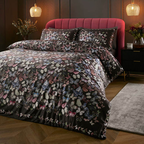 Papillon Butterfly Print Cotton Duvet Cover Set - Charcoal