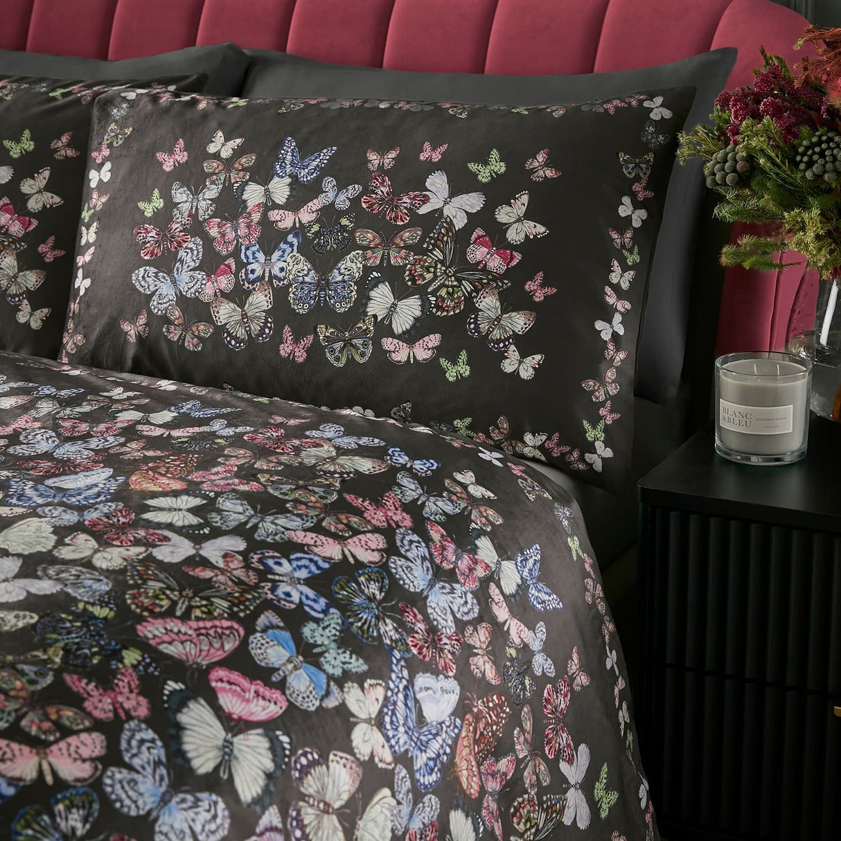 Papillon Butterfly Print Cotton Duvet Cover Set - Charcoal - Papillon Duvet Cover Set In Charcoal 2