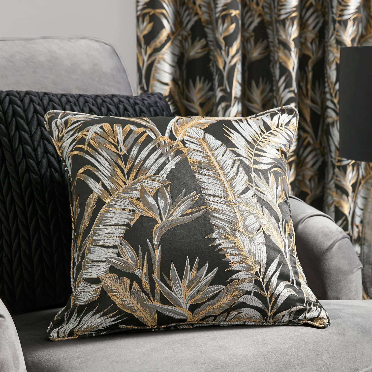 Laurence Llewelyn-Bowen Paradise Palm Tropical Cushion Cover 43cm x 43cm - Black
