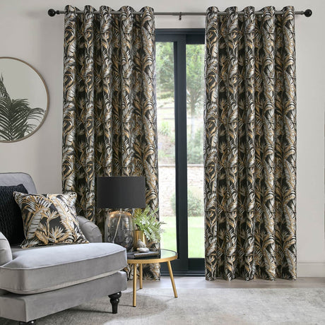Laurence Llewelyn-Bowen Paradise Palm Eyelet Curtains - Black Thermal Light Filtering