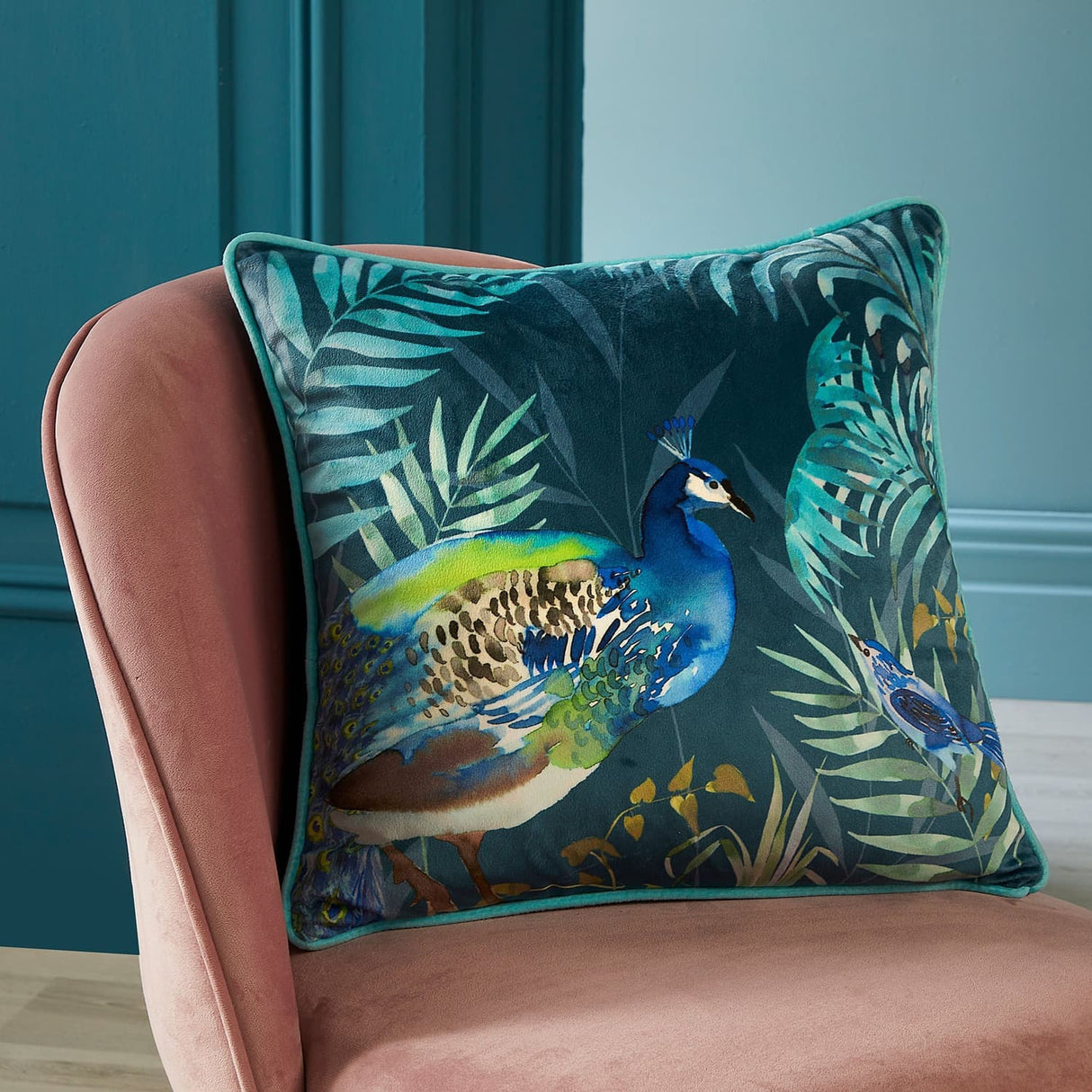 Peacock Jungle Velvet Filled Cushion