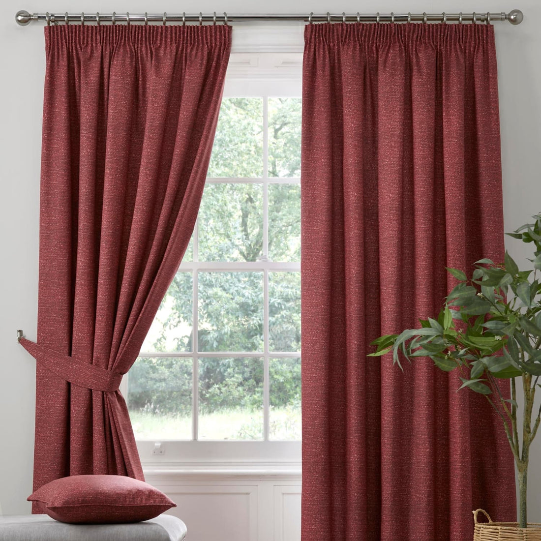 Pembrey Red Brushed Cotton Thermal Dimout Pencil Pleat Curtains