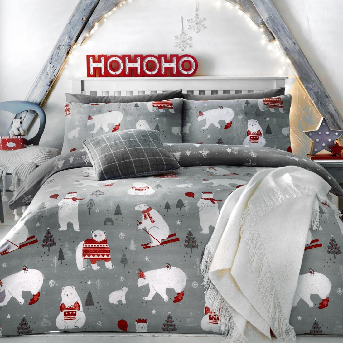 Polar Bears Christmas Silver Polycotton Duvet Cover Set
