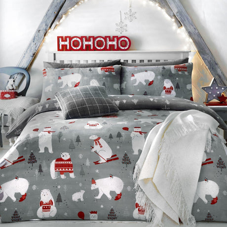 Polar Bears Christmas Silver Polycotton Duvet Cover Set