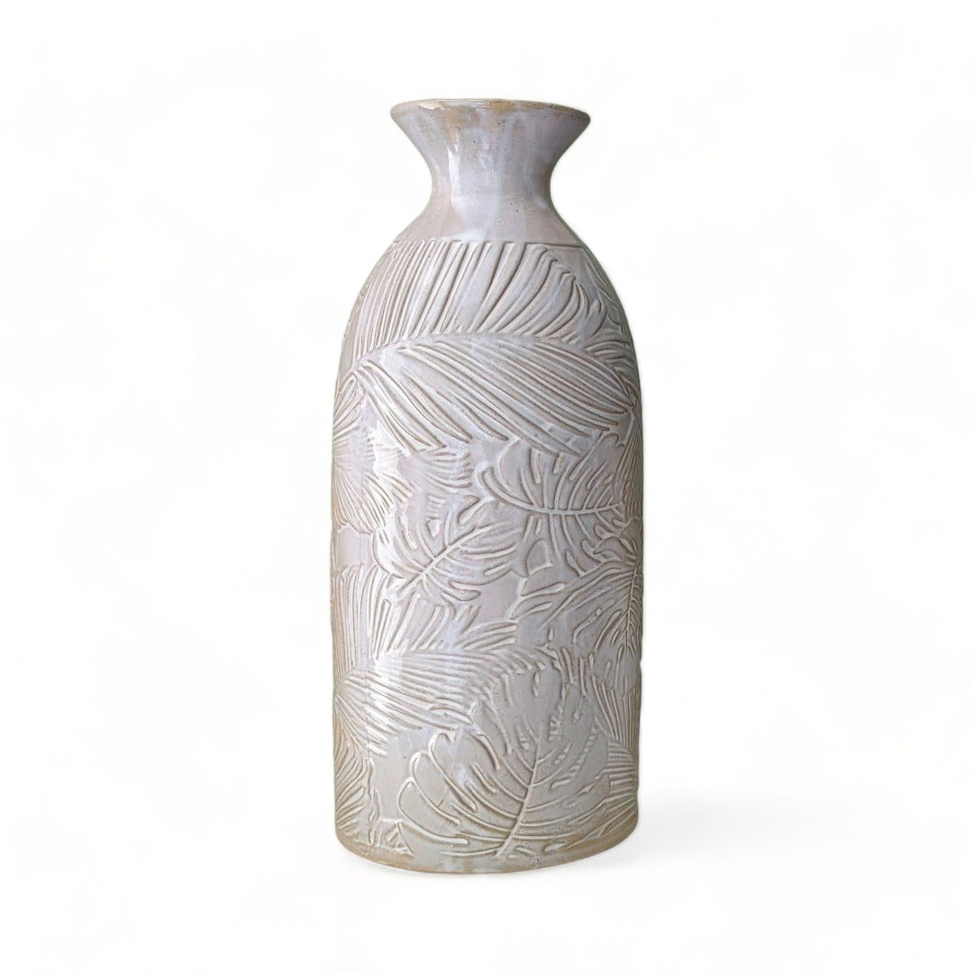 Poplar Cream Etched Leaf Glazed Vase 32cm – Ideal Textiles