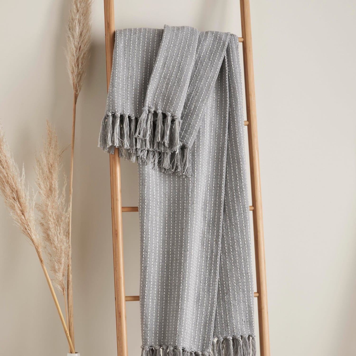 Quinn Grey Striped Cotton Rich Throw 200 x 200cm
