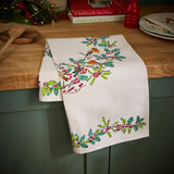 Christmas Robins Cotton Tea Towel in Green