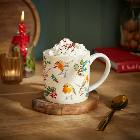 Christmas Robins Bone China Mug in Green