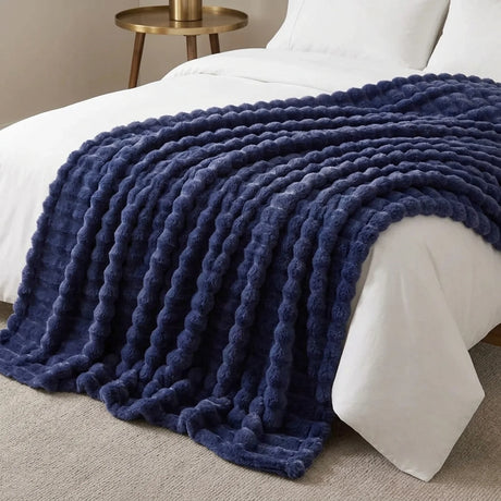 Rabbit Faux Fur Midnight Blue Throw Blanket 150cm x 200cm-3
