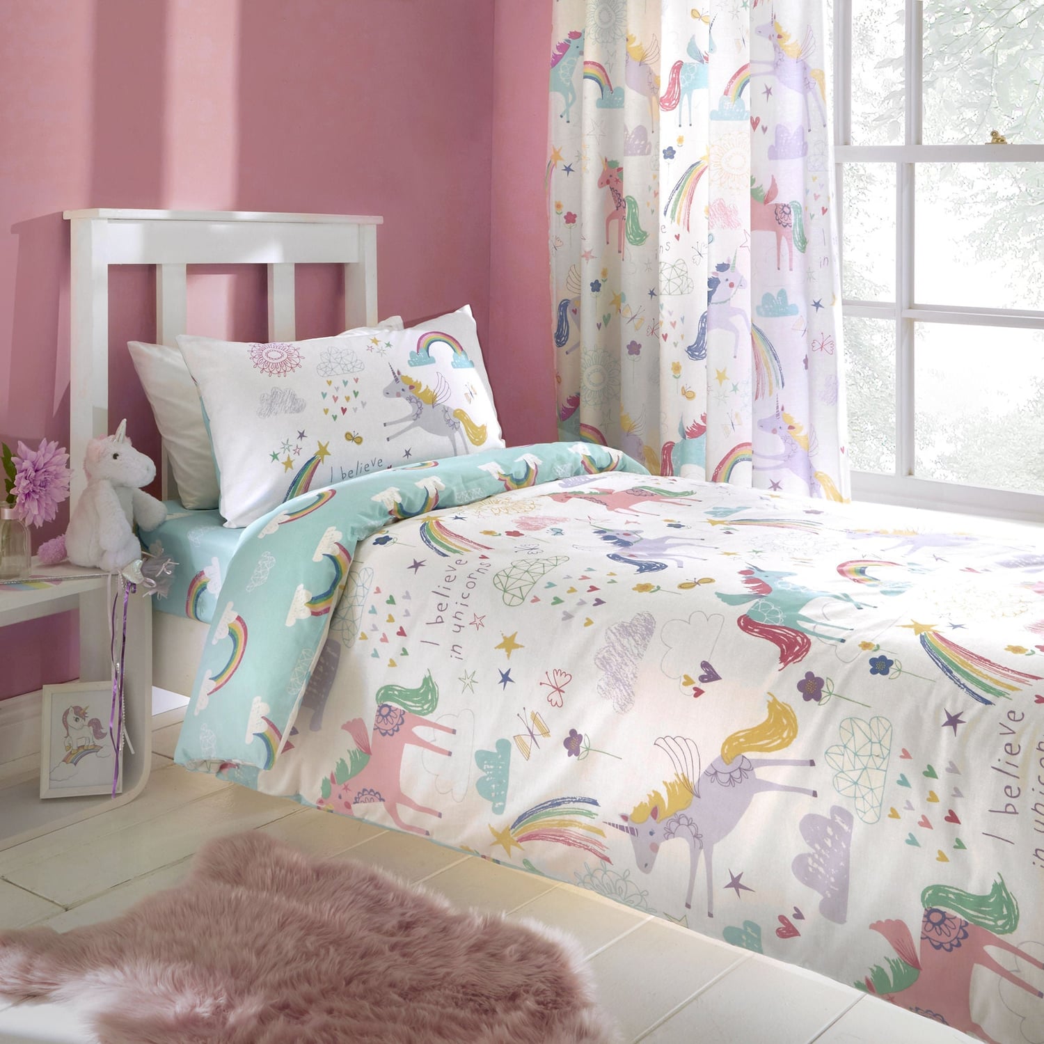 Rainbow Pom 100% Cotton Multicolour Duvet Cover Set - Rainbow Unicorn Duvet Cover Set In Multicolour 1