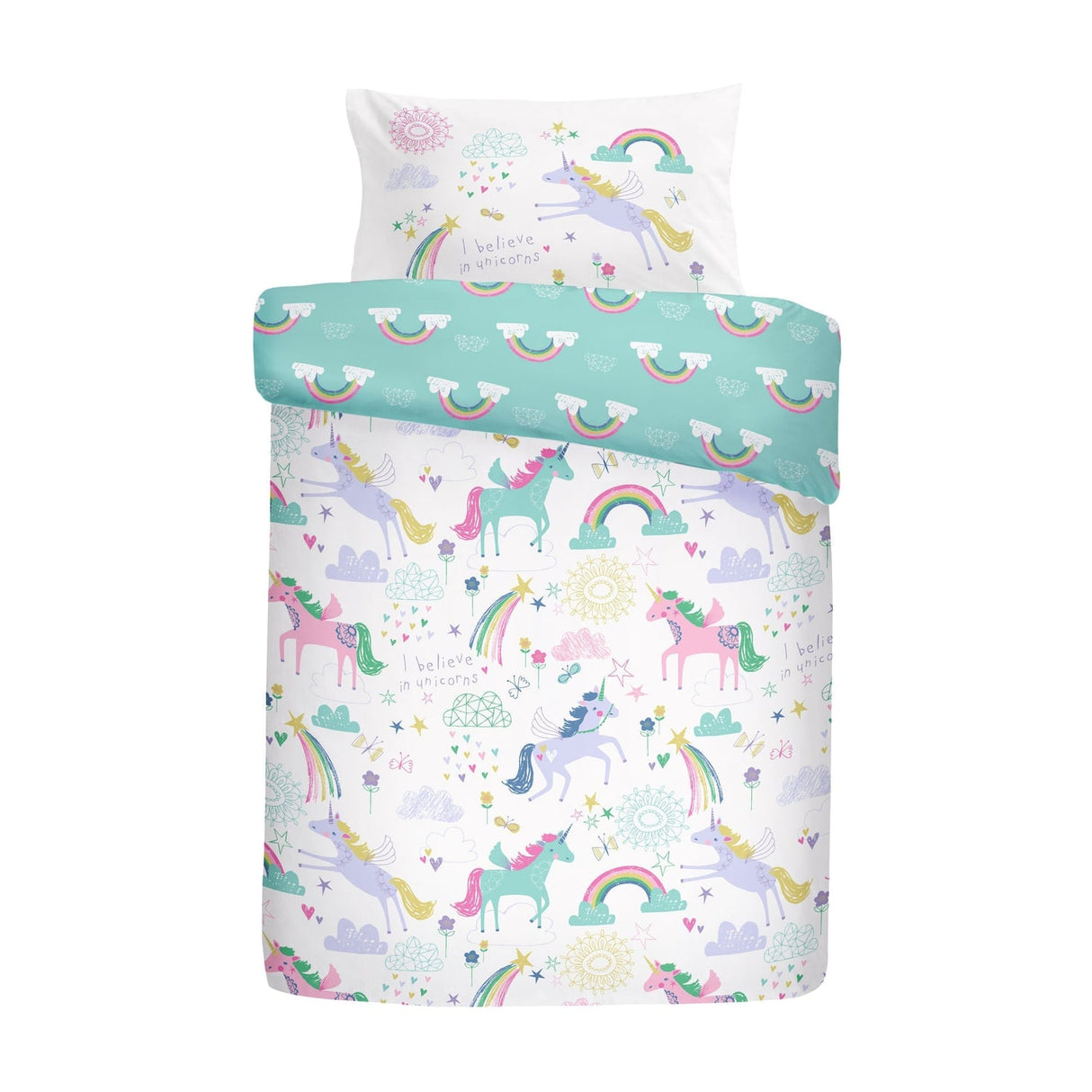 Rainbow Pom 100% Cotton Multicolour Duvet Cover Set - Rainbow Unicorn Duvet Cover Set In Multicolour 5