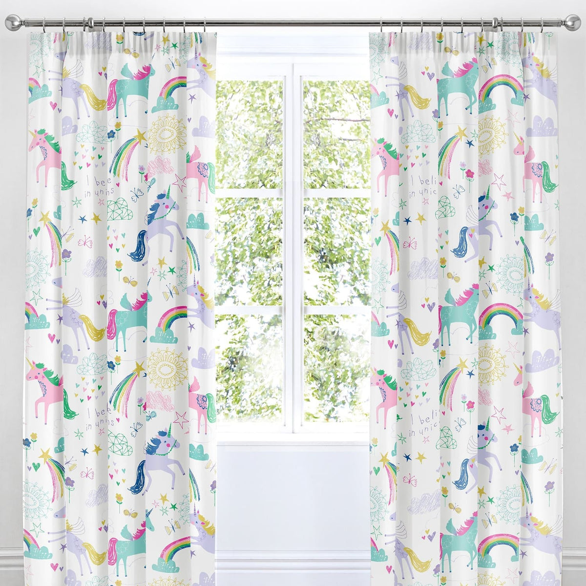 Rainbow Unicorn Kids Tape Top Curtains Light Filtering Polycotton