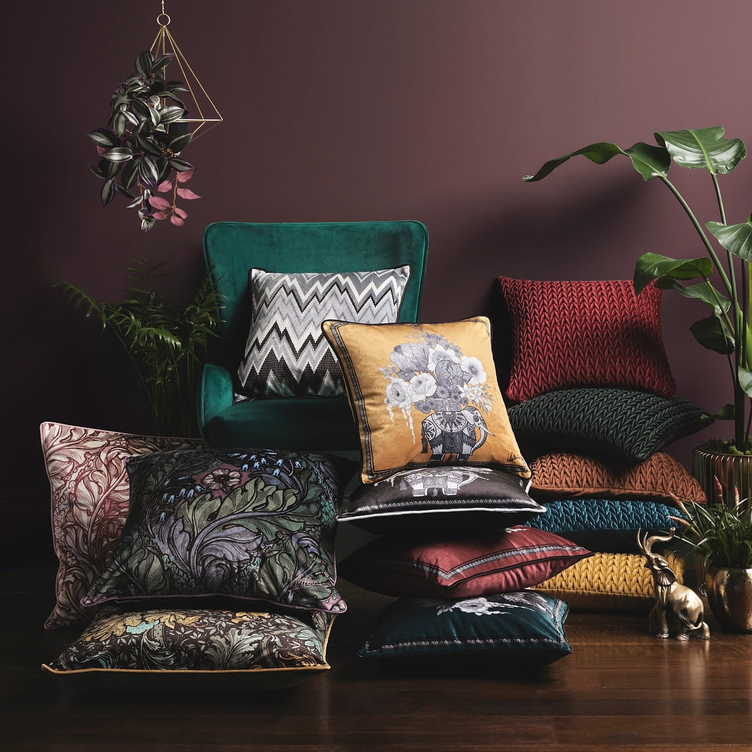 Laurence Llewelyn-Bowen Rambleicious Velvet Filled Cushion 55cm x 55cm - Green - Rambleicious Cushion In Multicolour 55 X 55Cm 2