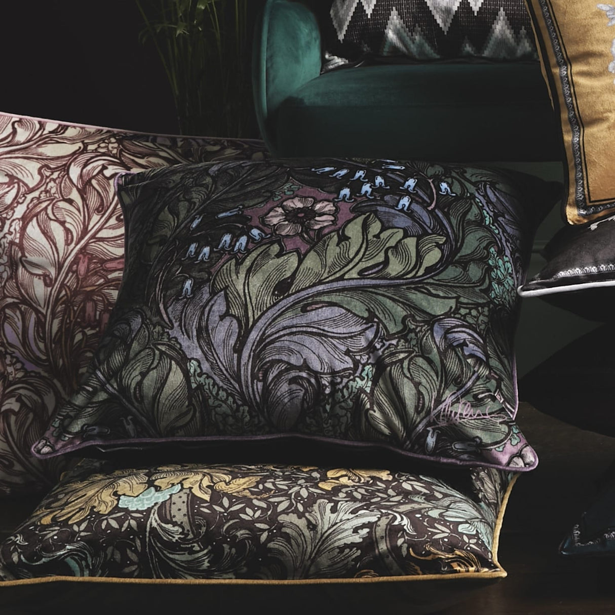 Laurence Llewelyn-Bowen Rambleicious Velvet Filled Cushion 55cm x 55cm - Green - Rambleicious Cushion In Multicolour 55 X 55Cm 4