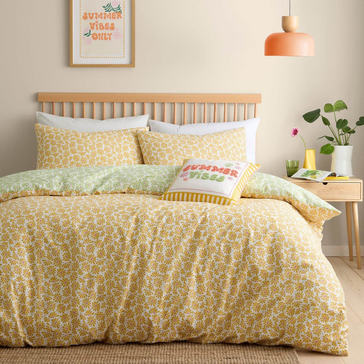 Retro Daisy Floral Yellow Polycotton Duvet Cover Set - Retro Daisy Floral Duvet Cover Set In Yellow 5