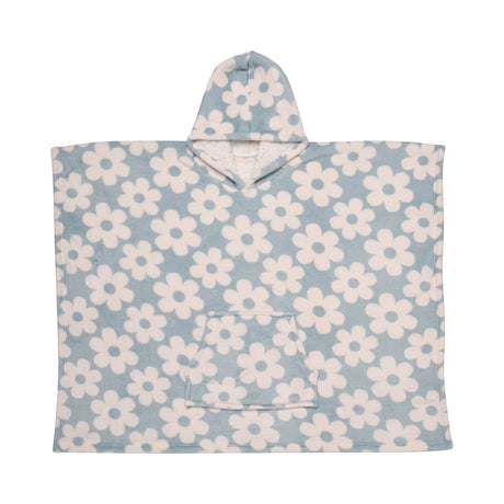 Retro Flower Sherpa Fleece Cosy Kids Poncho Throw - Retro Flower Poncho In Duck Egg 75 X 92.5Cm 2