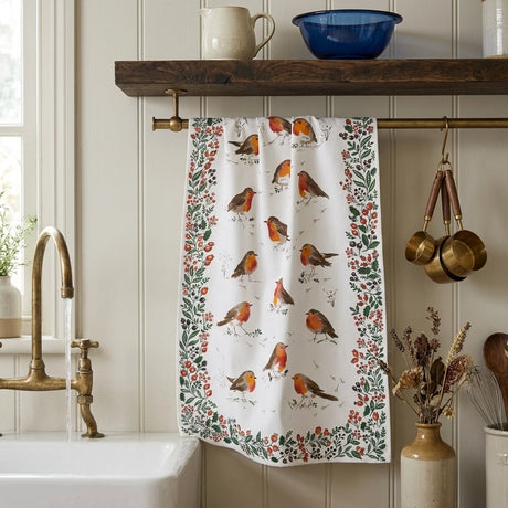 Ulster Weavers Robins & Berry Border Recycled Cotton Blend Tea Towel 1