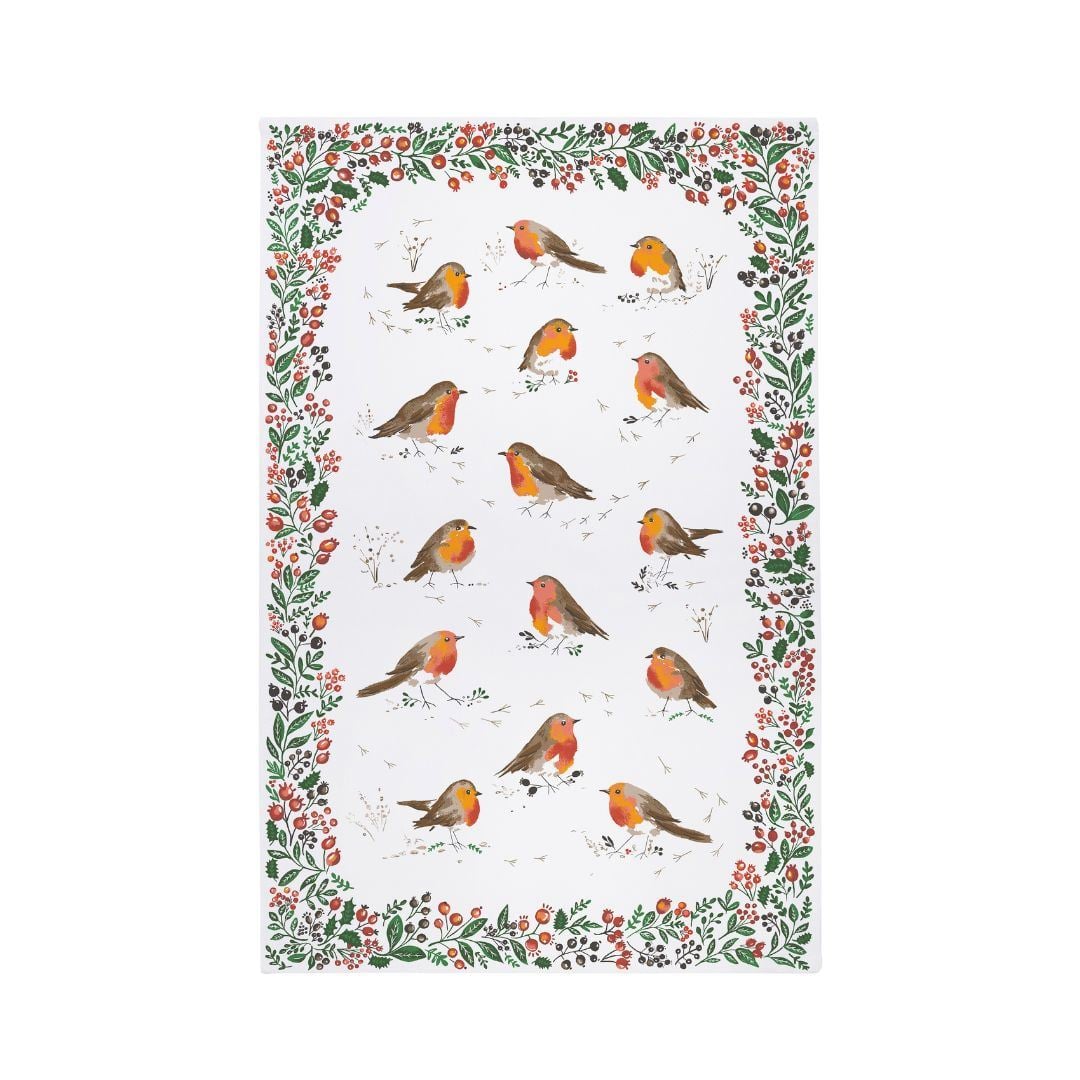 Ulster Weavers Robins & Berry Border Recycled Cotton Blend Tea Towel - Robins & Berry Border Recycled Blend Cotton Tea Towel In White 2
