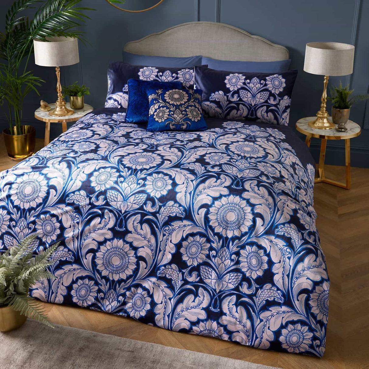 Laurence Llewelyn-Bowen Romilly Velvet Floral Duvet Cover Set - Romilly Duvet Cover Set In Blue 4