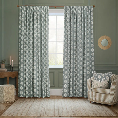 Sessile Leaf Tape Top Pencil Pleat Curtains - Delph Blue